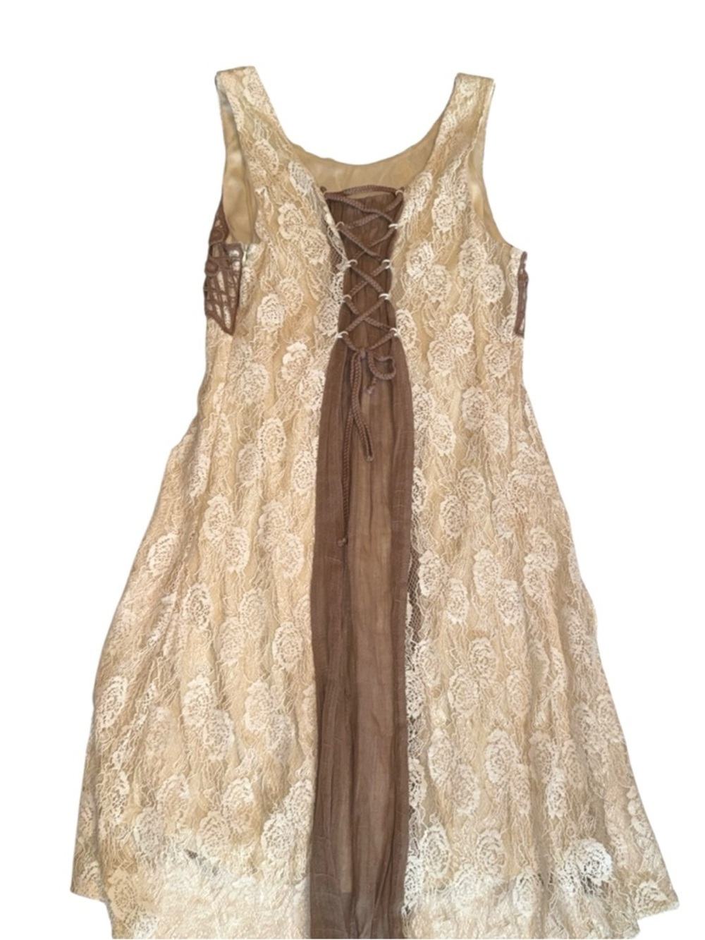 Ryu Boho Lace Dress Crochet Floral Bodice Sheer Panel Lace-Up Back Med - Picture 3 of 6